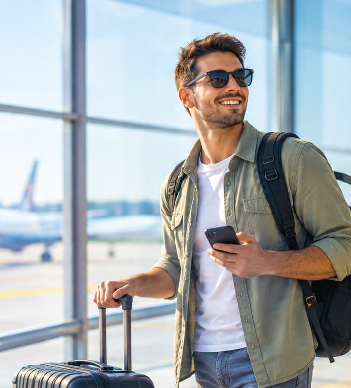 A smiling traveller with luggage checking his phone at the airport